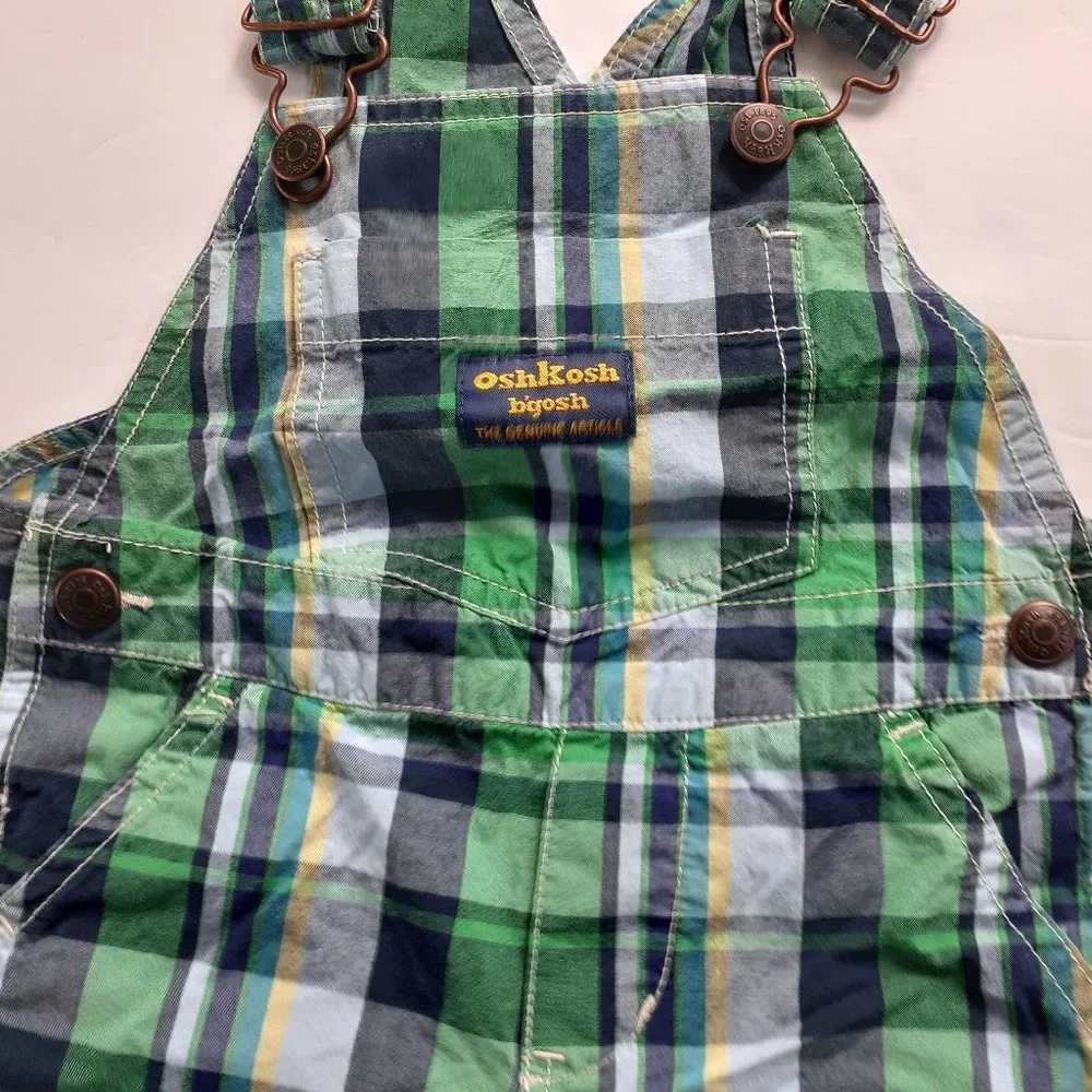 Oshkosh Boys Overall Shorts Green Plaid Shortalls 18 Months